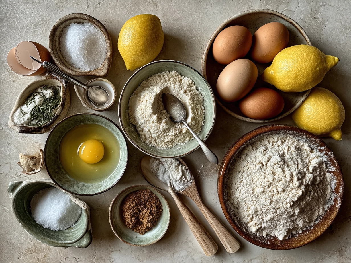 Ingredients for lemon bread laid out on white marble surface