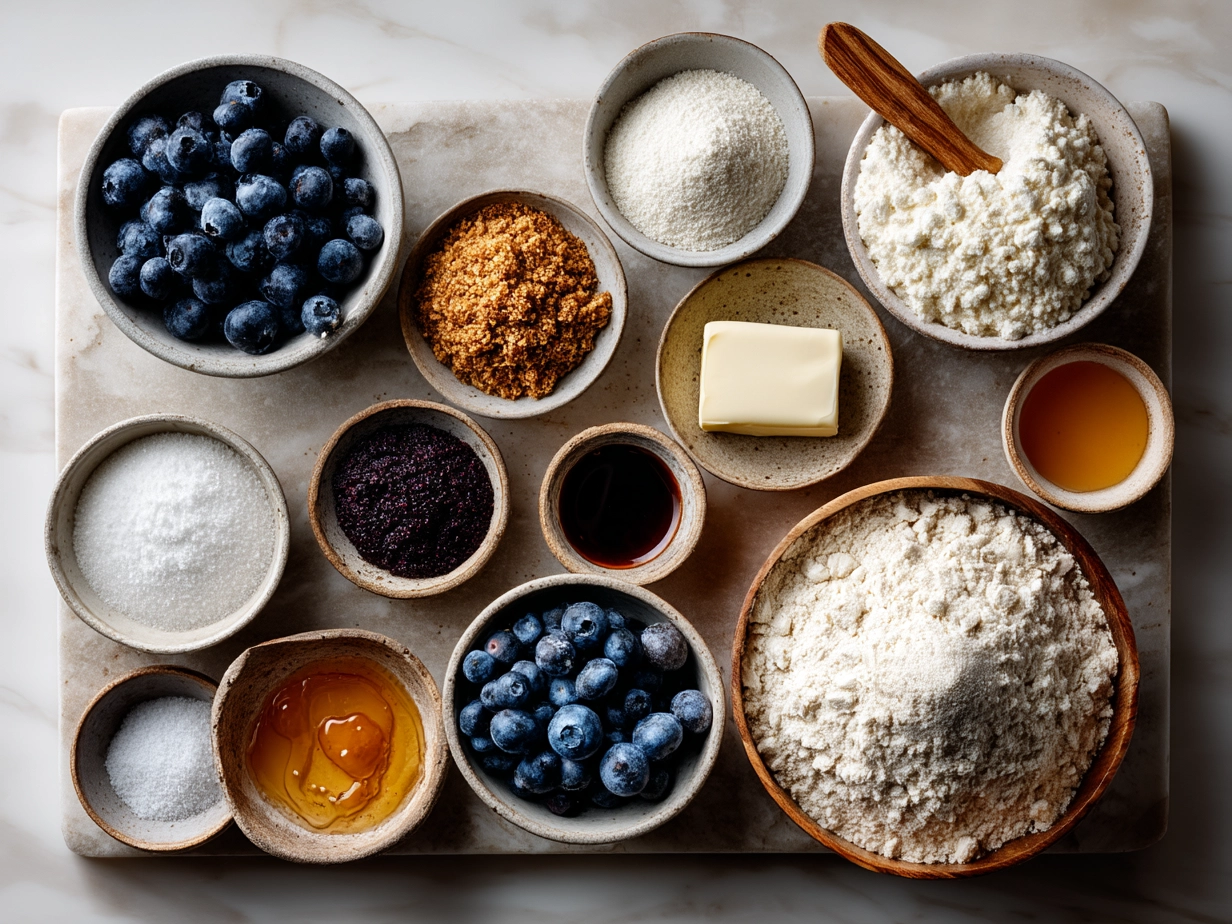 Top down raw ingredients for maple blueberry sourdough donut holes on marble