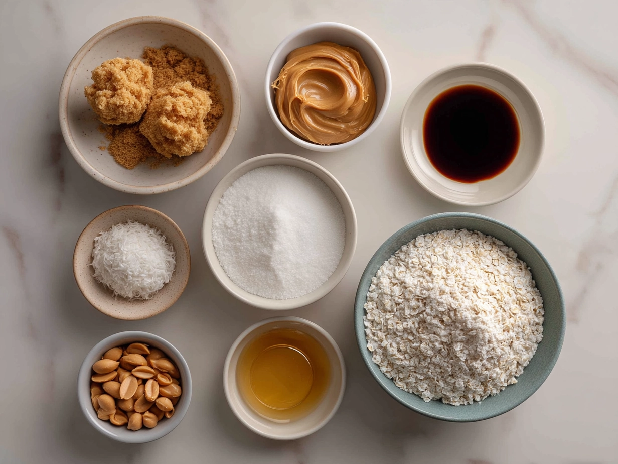 Top down view of raw ingredients for Peanut Butter Balls with Rice Krispies arranged on marble surface