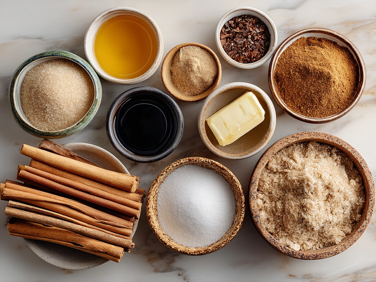 Raw ingredients for Sourdough Discard Cinnamon Sugar Twists laid out on a marble surface