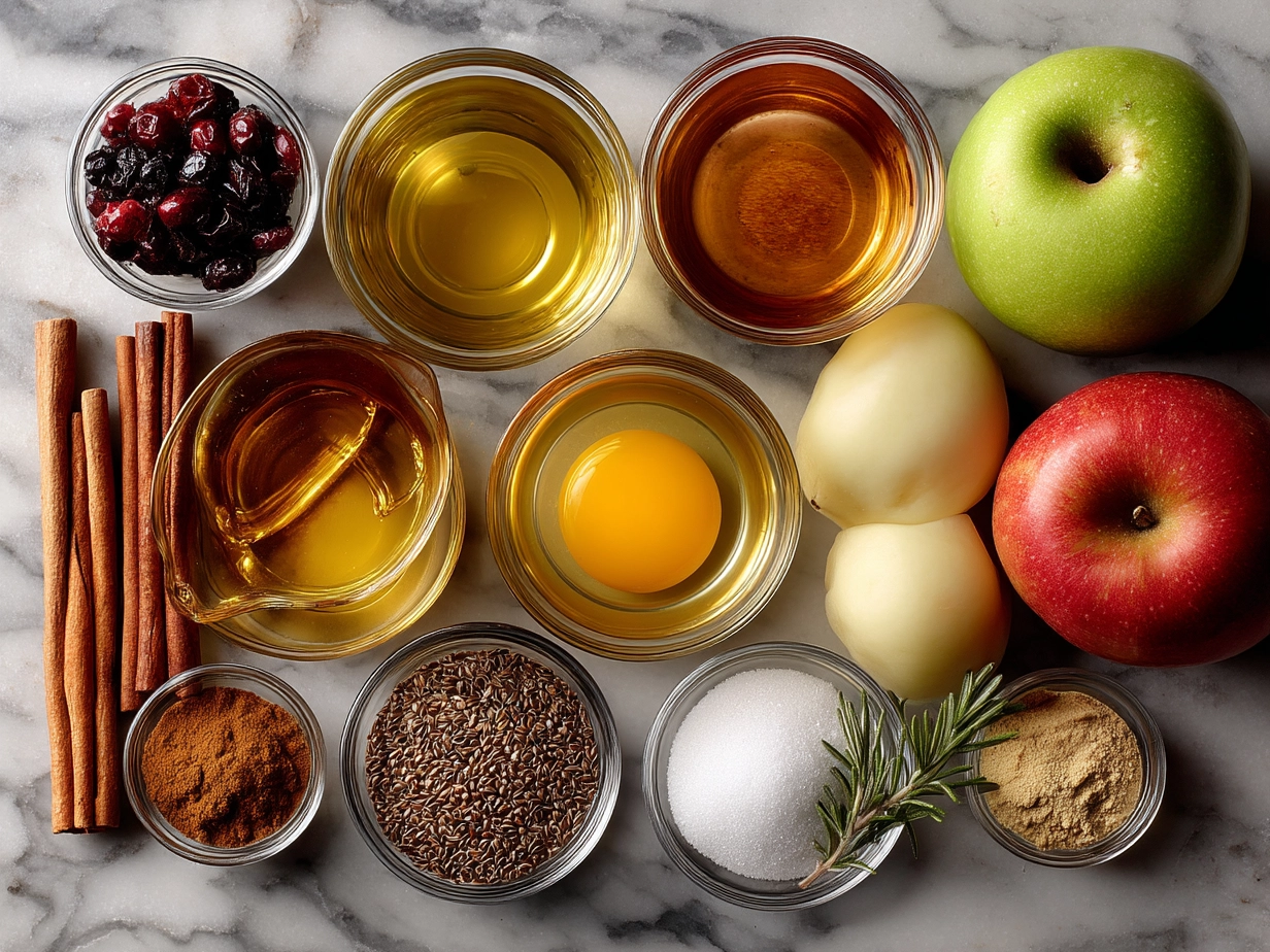 Raw ingredients for Spiced Hot Apple Cider on a wooden surface, including cinnamon sticks, cloves, oranges, star anise, apple cider, and brown sugar