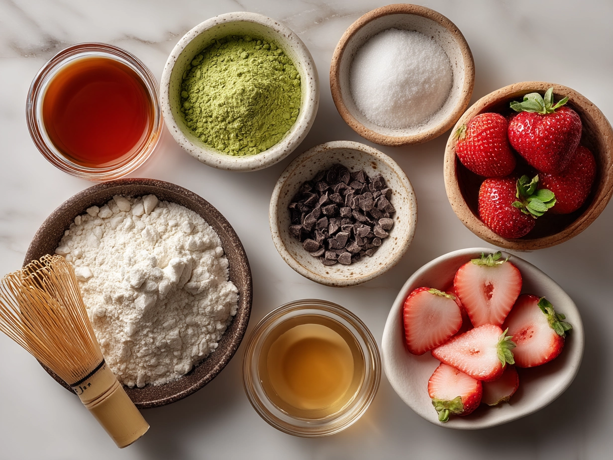 Top-down raw ingredients for strawberry matcha latte
