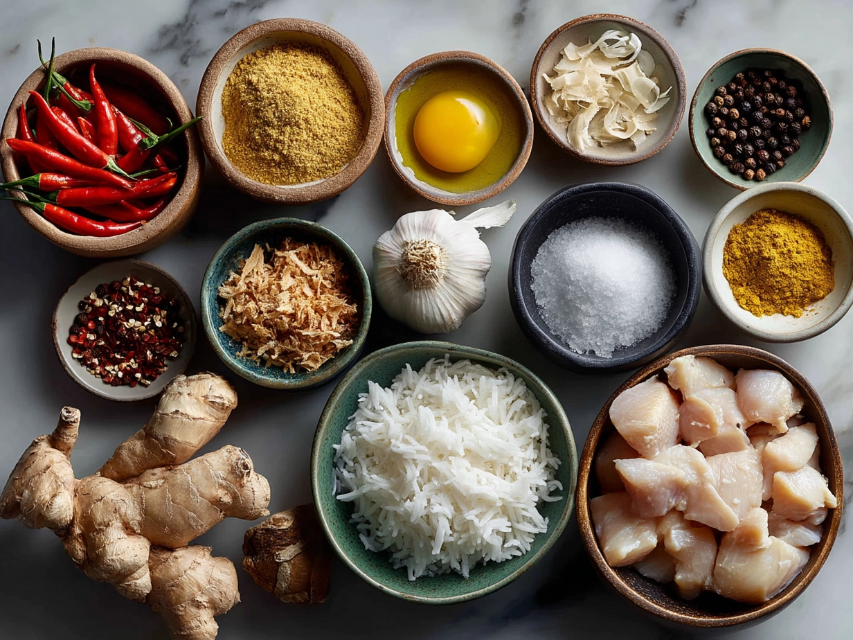 Raw ingredients for Thai Chicken Coconut Curry on marble surface