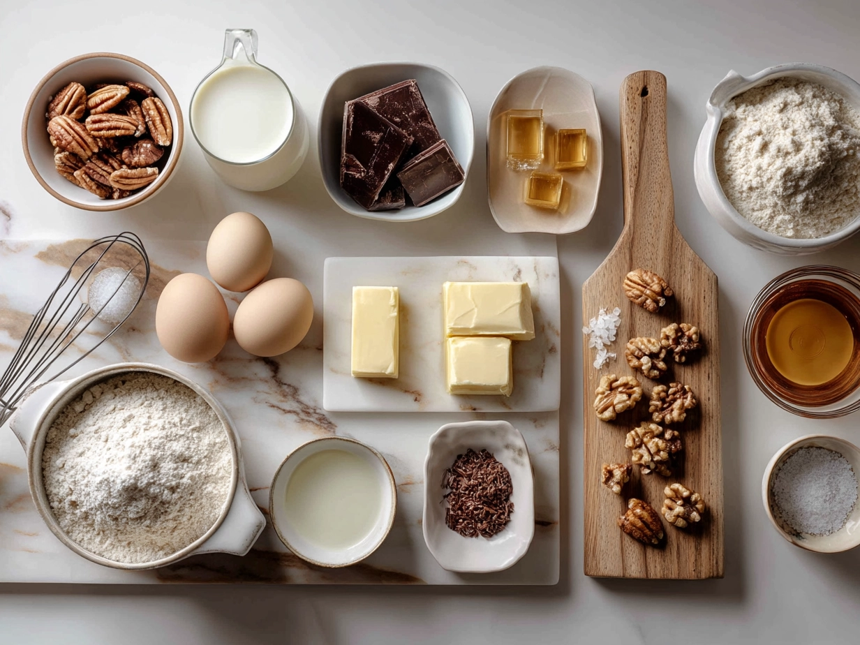 Raw ingredients for Toffee Apple Pie with Creamy Custard laid out on a marble countertop