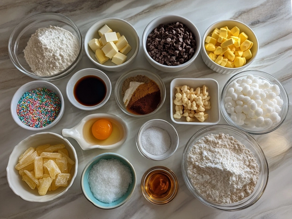 Top down raw ingredients for Valentines Day Sugar Cookies on marble