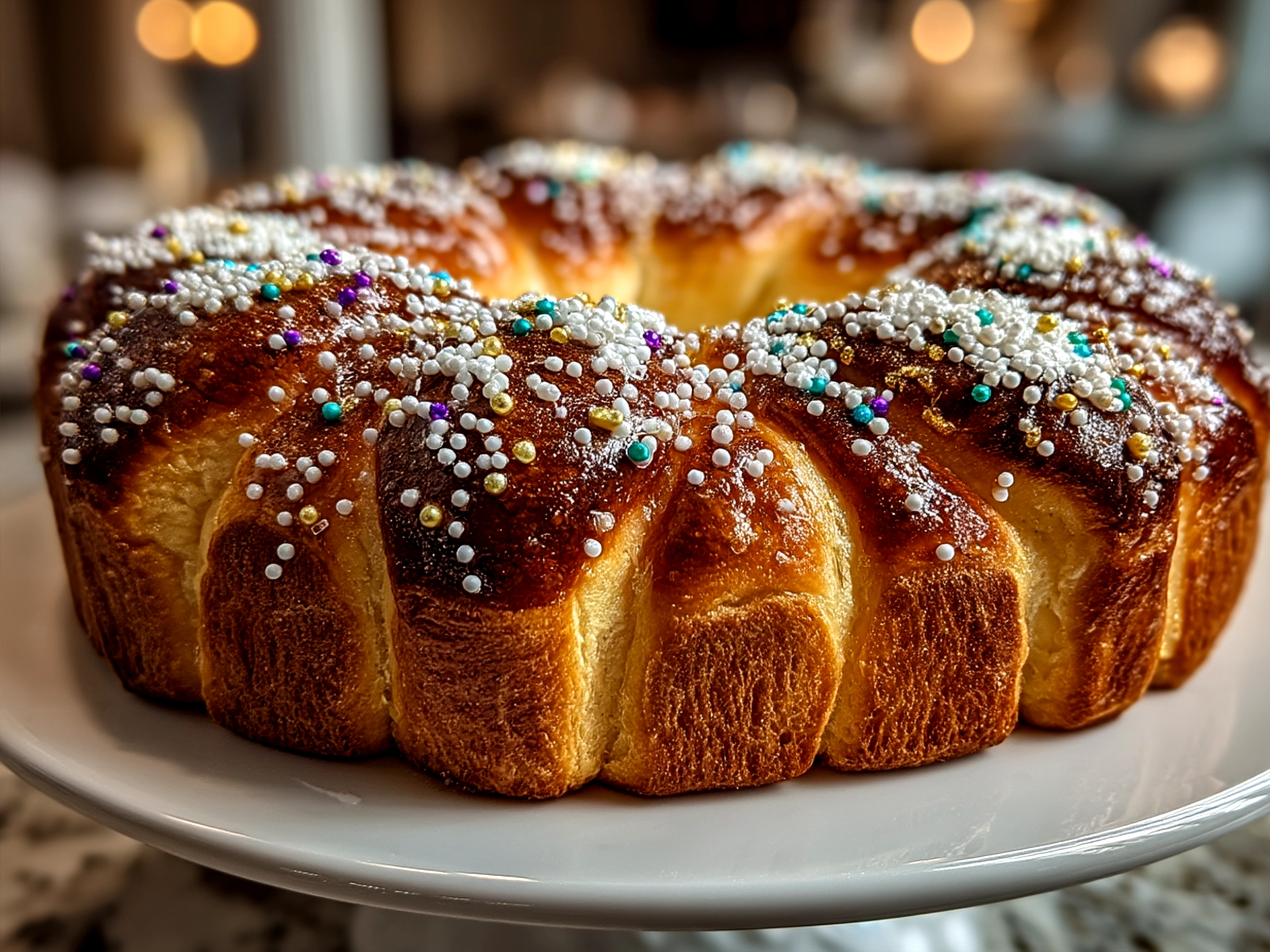 Traditional King Cake decorated with vibrant purple, green, and gold sugars ready to serve