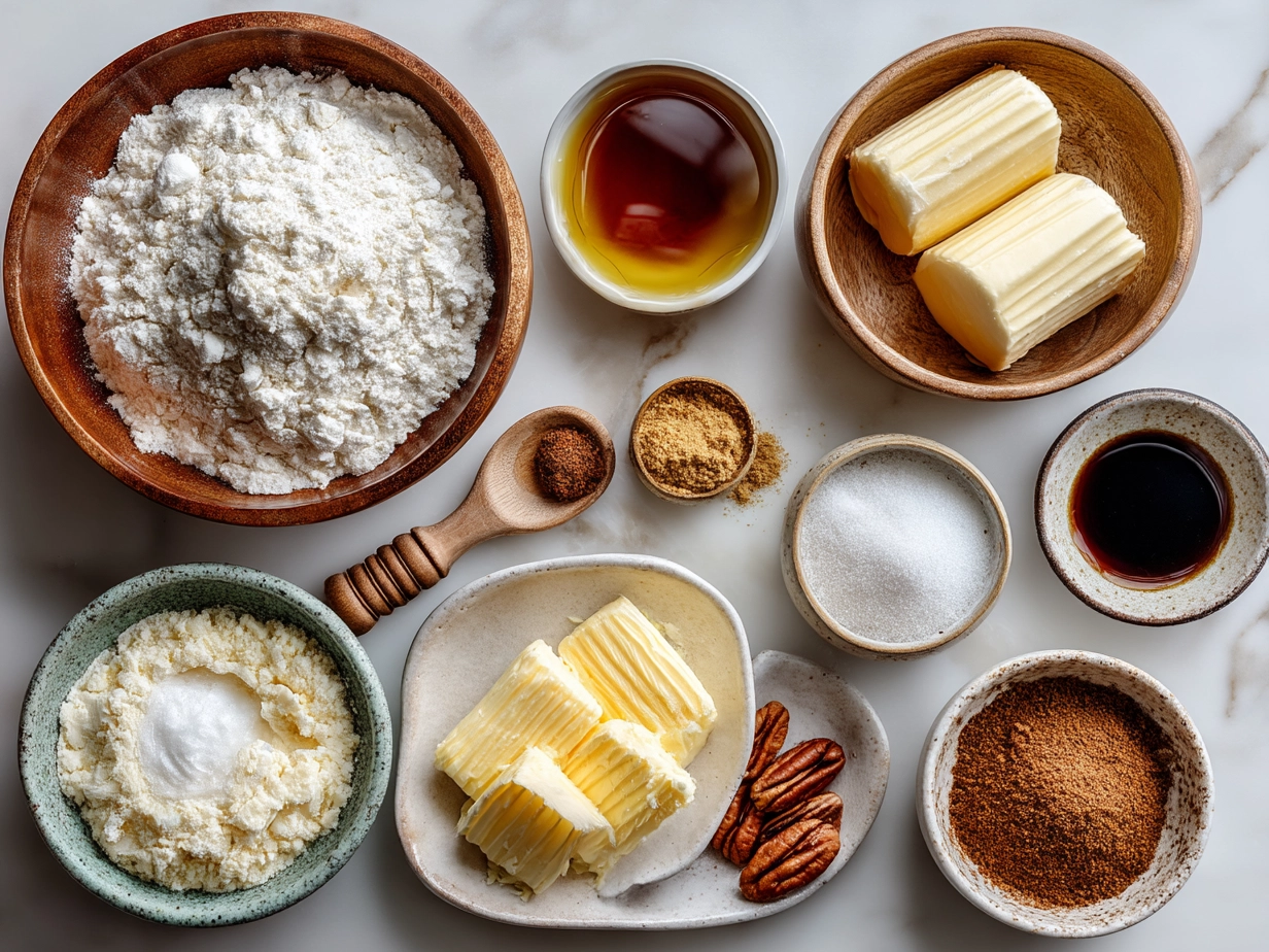 Ingredients for Traditional King Cake including flour, sugar, eggs, butter, and colored sugars