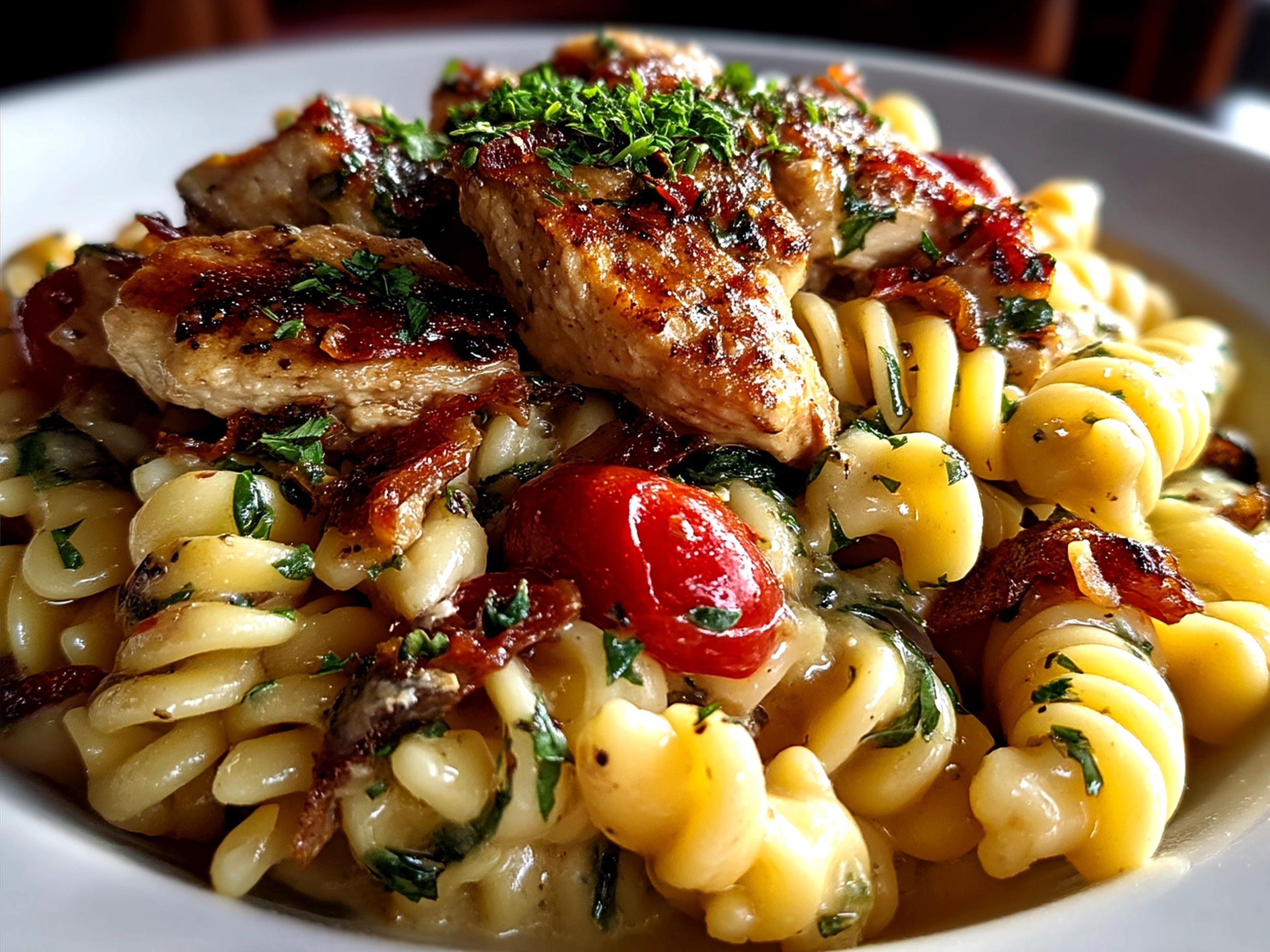 Serving of creamy Tuscan chicken pasta garnished with spinach and Parmesan cheese
