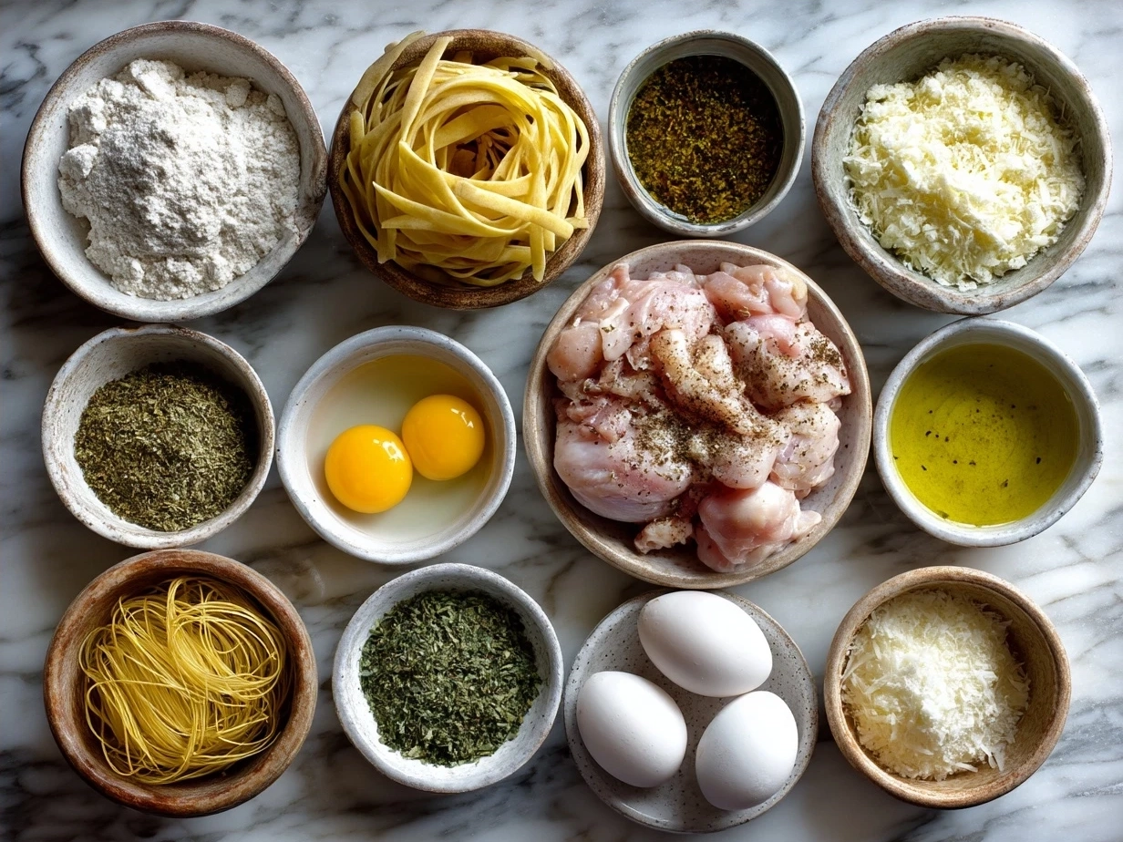Ingredients for Tuscan chicken pasta including chicken breasts, sun-dried tomatoes, spinach, pasta, and Parmesan cheese