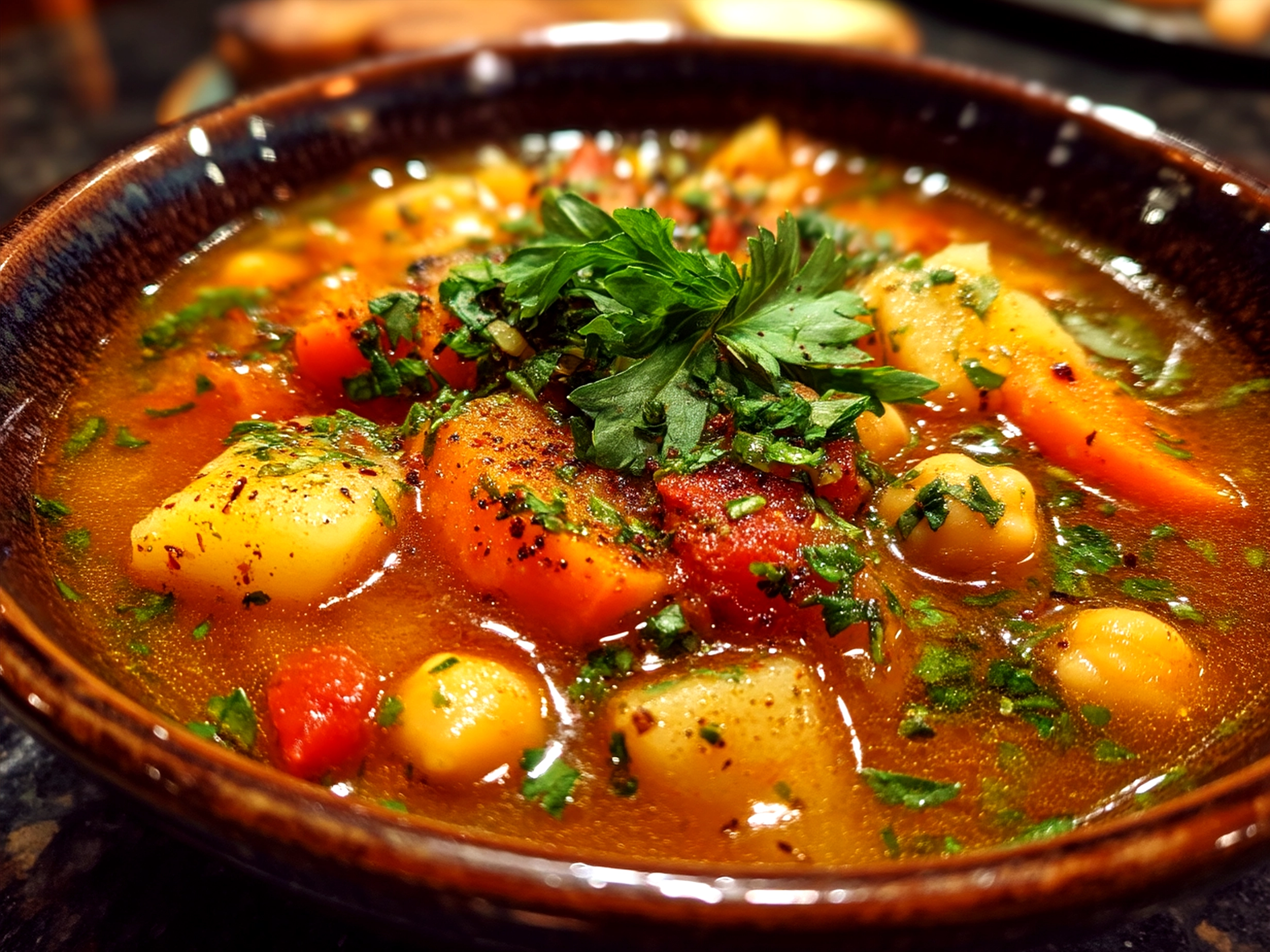 Serving bowl of Vegan White Chickpea Chili garnished with fresh cilantro and lime wedge