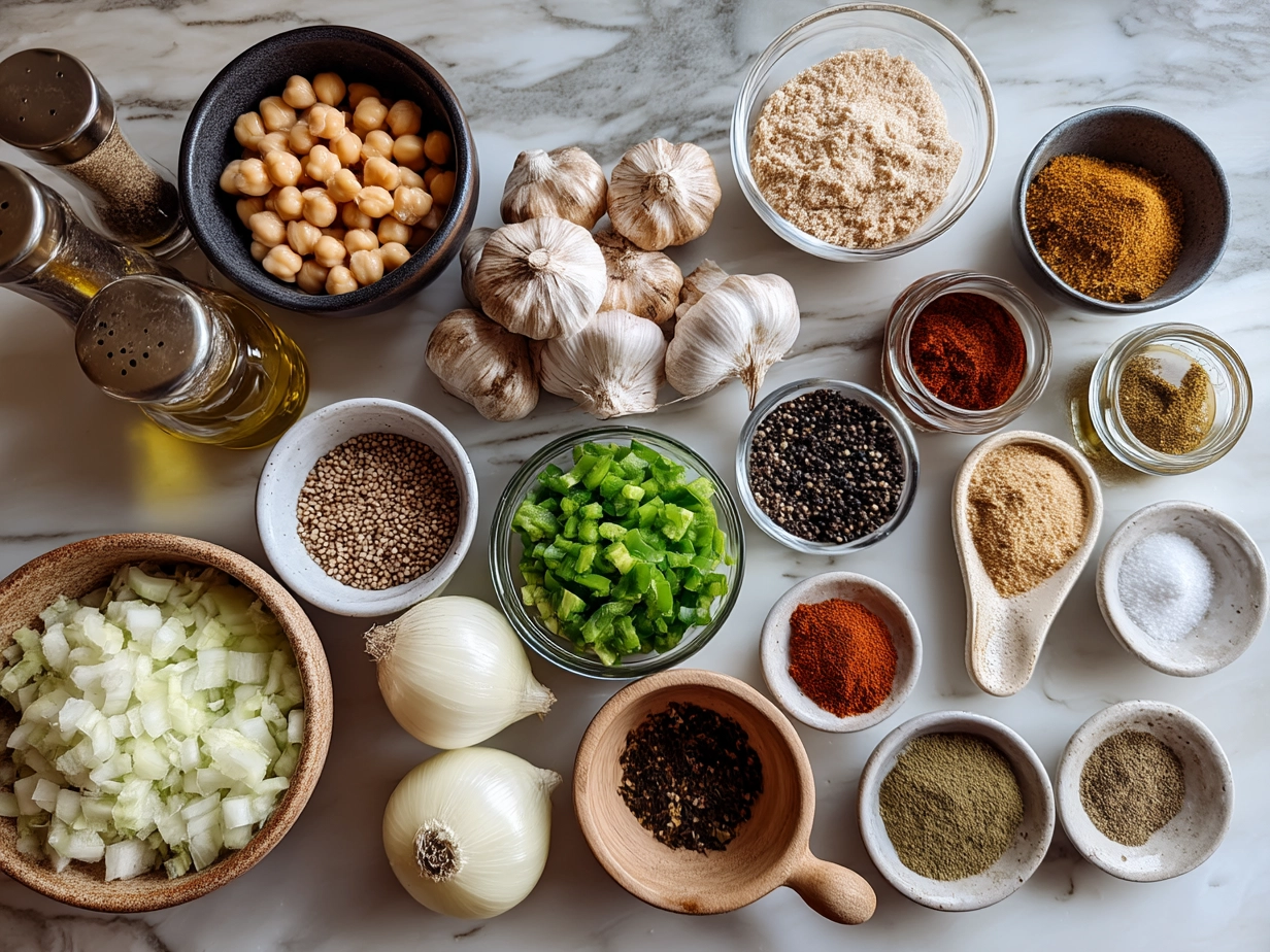 Ingredients for Vegan White Chickpea Chili including fresh vegetables, spices, and canned beans