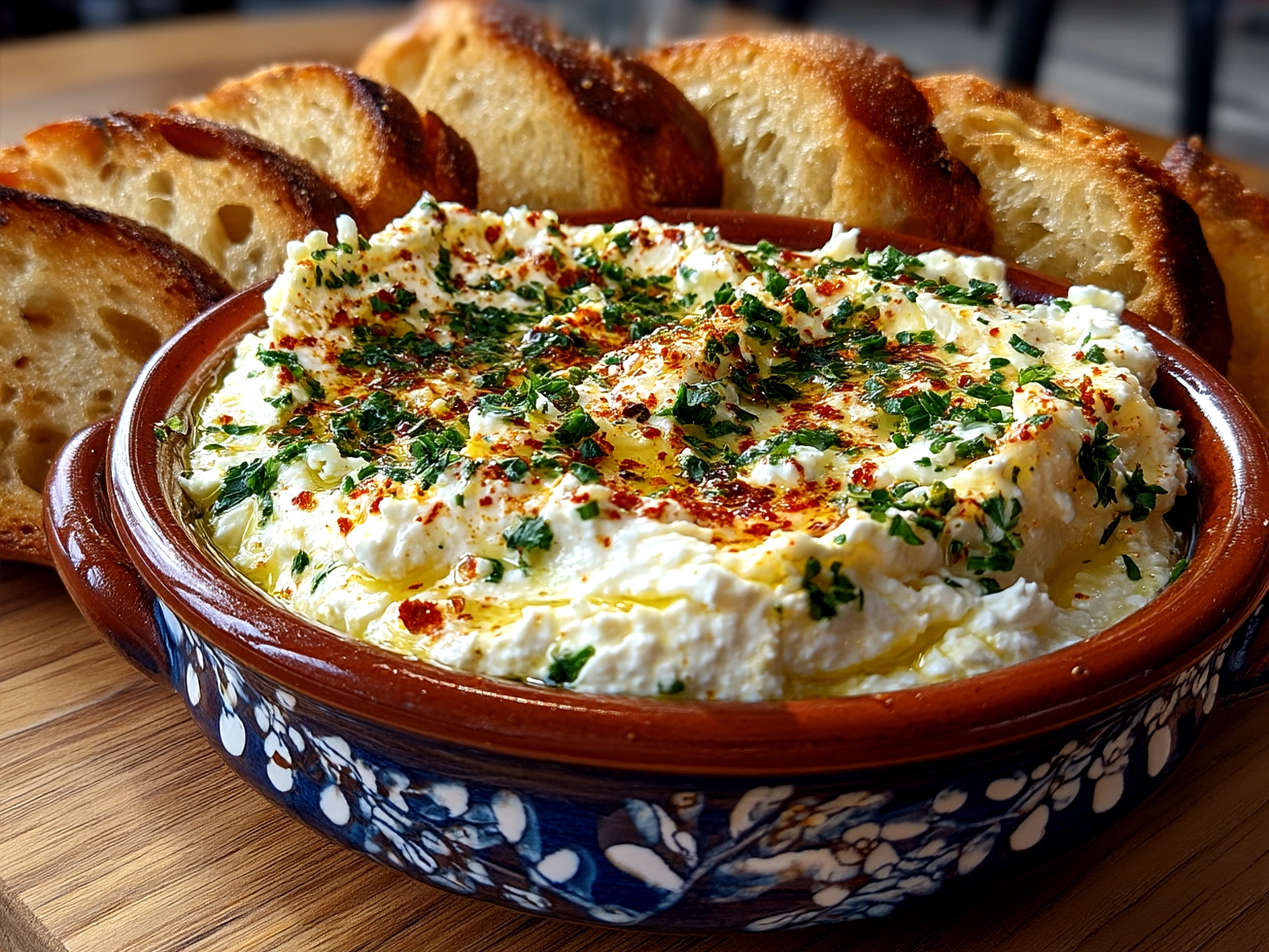 Whipped ricotta dip served with toasted baguette and fresh vegetable sticks on a rustic tray