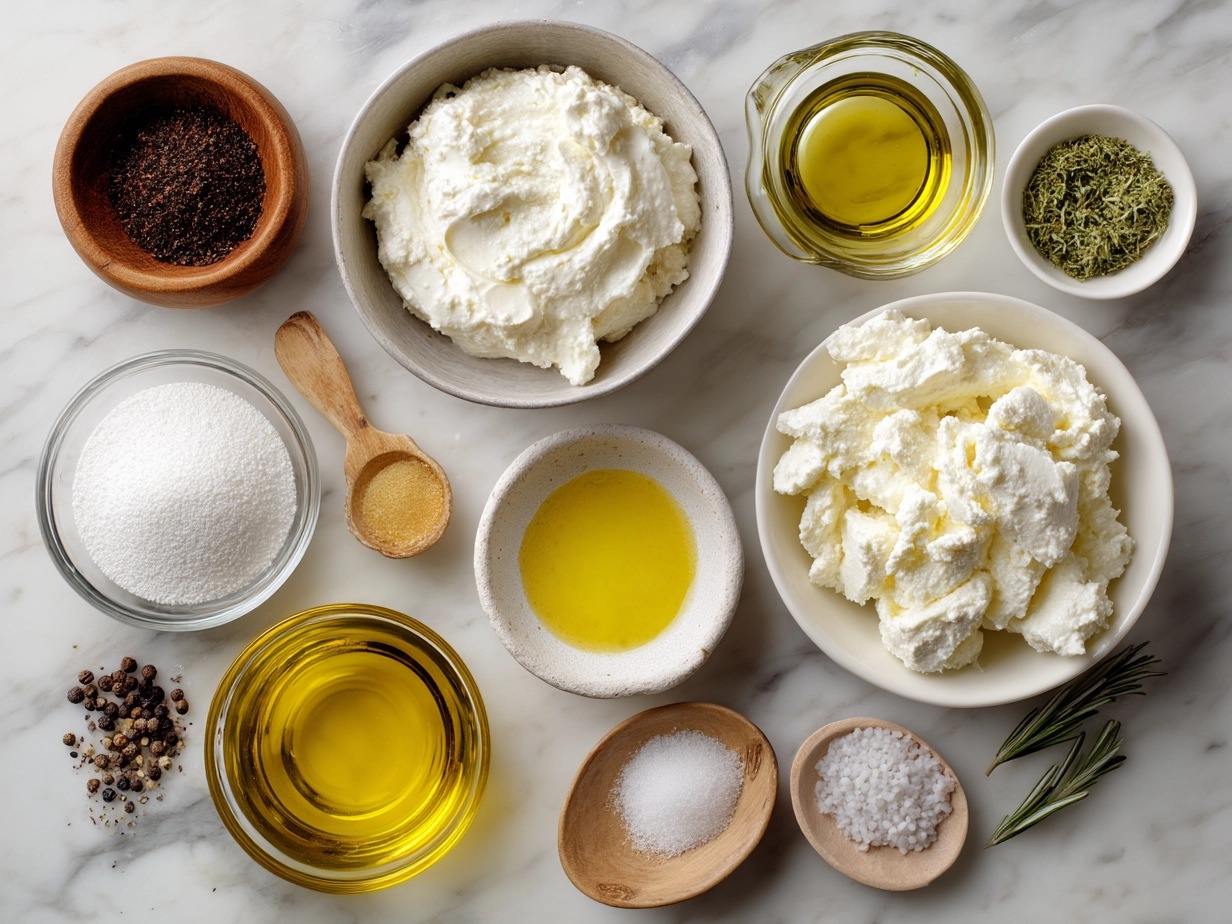 Ingredients for whipped ricotta dip: ricotta cheese, olive oil, lemon zest, rosemary, garlic, salt, pepper, and honey